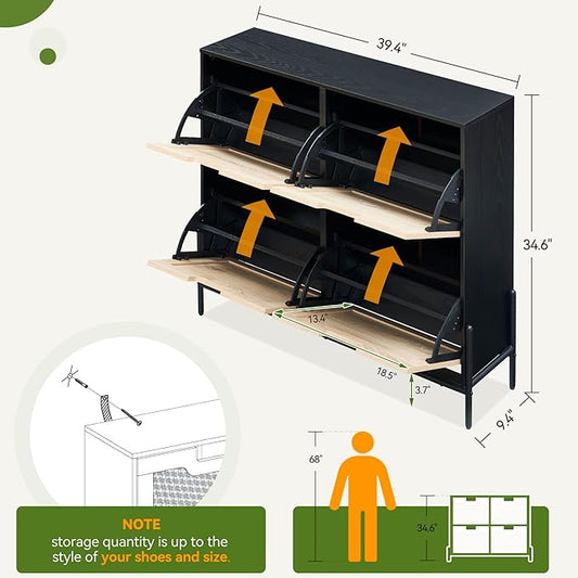 4 Flip Drawers Shoe Storage Cabinet, Rattan Shoe Organizer with Metal Legs, Freestanding Narrow Shoe Rack Cabinet for Entryway, Black