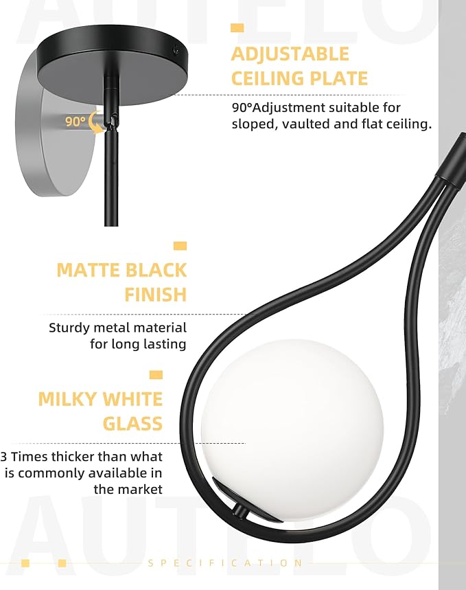 AUTELO 2 Pack Pendant Lights Kitchen Island, Modern Pendant Lights in Black Finish with Milky White Globe Glass, Black Pendant Light Fixtures, 1-Light Hanging Lamp for Kitchen Island H9377 MGBK-2PK