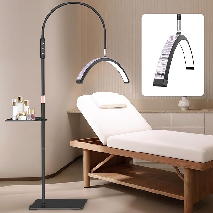 Bling Lash Light for Eyelash Tech, Flexible Neck Led Half Moon Light Floor Lamp for Eyelash Extensions/Tattoo Artists/Estheticians, Sparkly Lash Lights, with Stand Tray, Crystal Diamond
