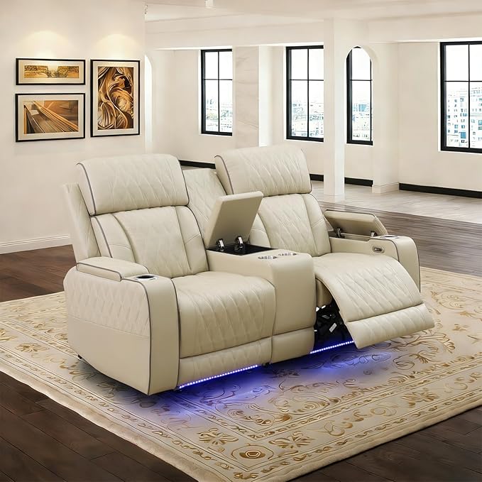 Power Leather Reclining Loveseat Sofa with LED Light,Double Recliner Sofa Love Seat with Storage Console/USB Port/Cup Holder,Leather Couch for Living Room Furniture Sets(2 Seats,Beige)