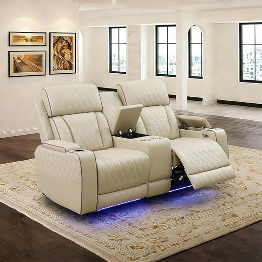 Power Leather Reclining Loveseat Sofa with LED Light,Double Recliner Sofa Love Seat with Storage Console/USB Port/Cup Holder,Leather Couch for Living Room Furniture Sets(2 Seats,Beige)