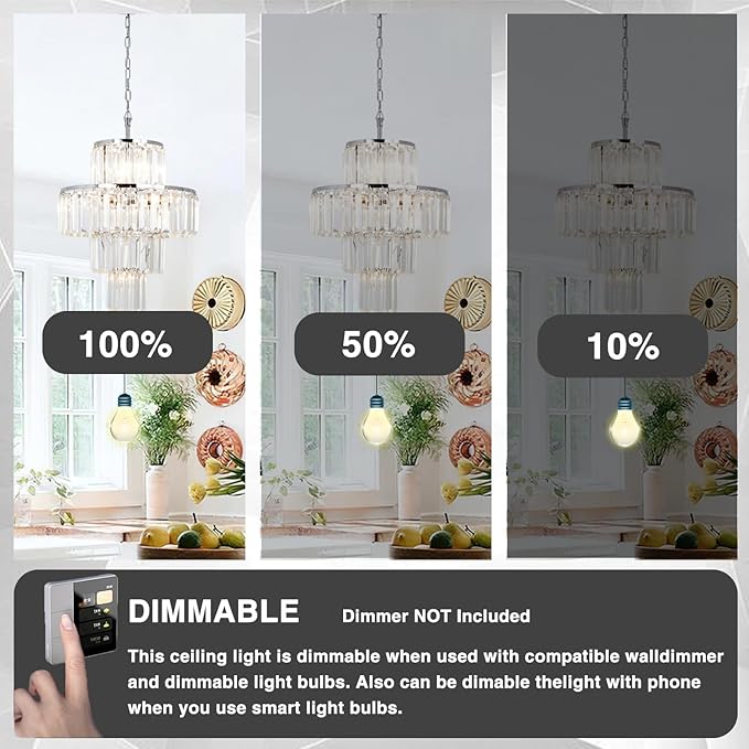 Chrome Crystal Chandelier, 7-Light 4 Tiers 13.77" Crystal Light, Adjustable Hanging Metal Ceiling Lighting Fixture, Modern Foyer Dining Room Chandeliers for Bedroom,Hallway,Kitchen