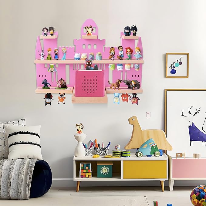 Tonie Shelf Castle for Toniebox,Wall Mounted Tonie Shelf Set,Tonie Figures Tonie Storage,Magnetic Wooden Floating Shelves Compatible with Toniebox for Kids Room (Pink)