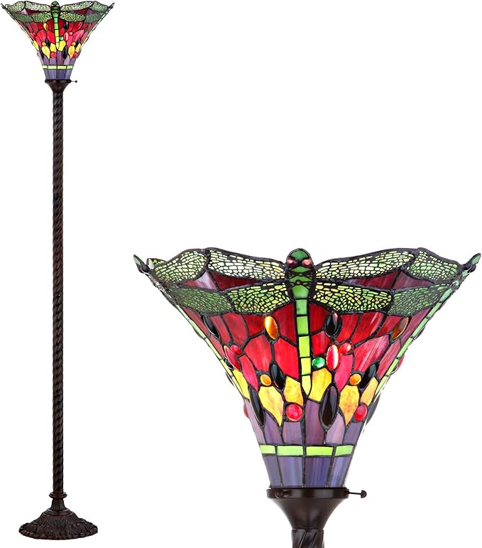 JONATHAN Y 71" Bronze/Green Dragonfly Tiffany-Style LED Floor Lamp, Traditional Standing Light for Living Room, Multi-Color Stained Glass Shade, LED Bulb Included (JYL8002B)