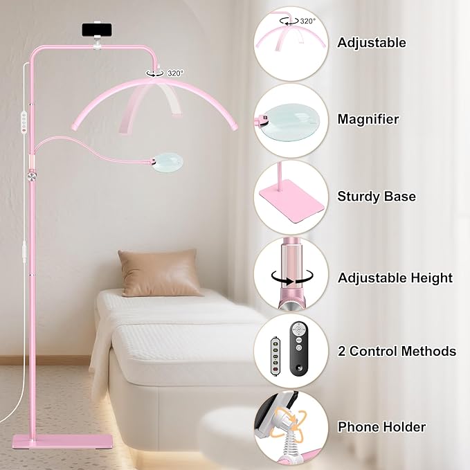 AURELLE Half Moon Lash Light - Adjustable LED Floor Lash Lamp with 4X Magnifier & Phone Holder for Eyelash Extensions,Nail Art,Tattoo,Skincare,Salon SPA-Dimmable Brightness,Rotating Head, Pink