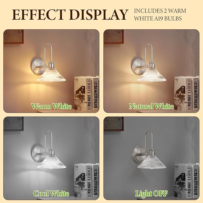 Wall Sconce Set of 2, Nickel Vintage Light Fixtures with Round Clear Glass Lampshade, Hardwired Sconces Wall Lighting for Bedroom, Bathroom, Living Room | Includes 2 LED Bulbs