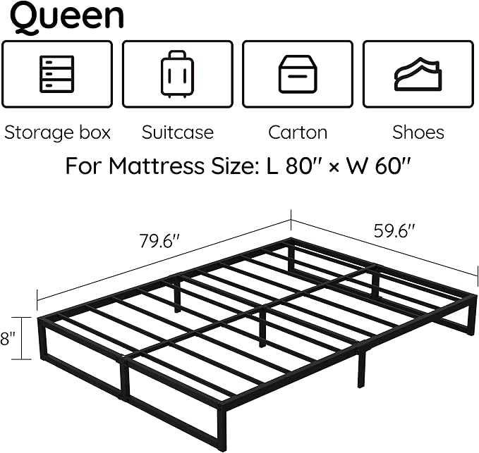 8 Inch Queen Bed Frame Metal Platform Mattress Foundation with Steel Slat Support, No Box Spring Needed, Easy Assembly, Black