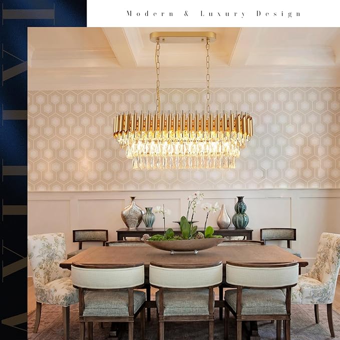 Modern Rectangular Chandelier Gold Crystal Chandeliers for Dining Room 8-Light Linear Ceiling Pendant Light Long 32” Luxury Oval Chandelier for Kitchen Island Living Room