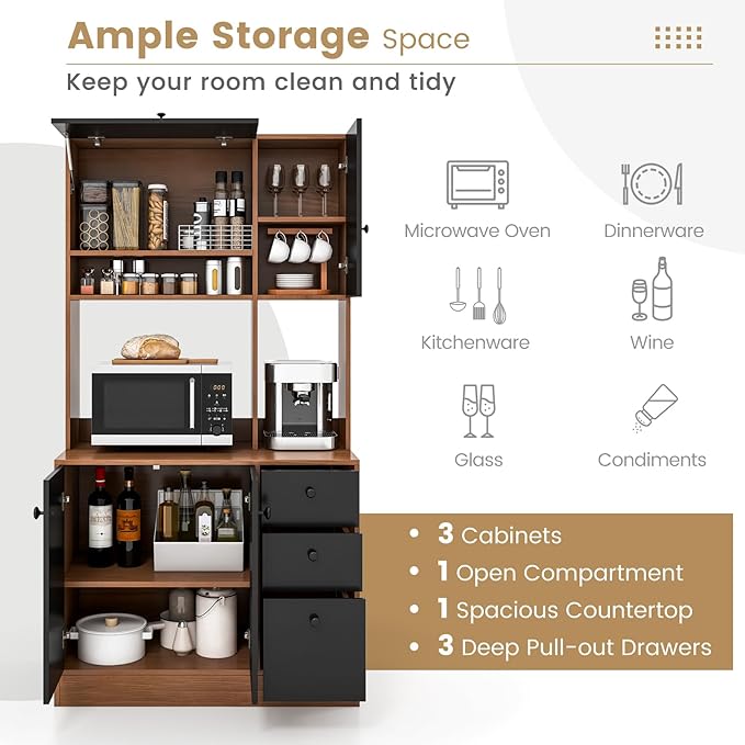 Giantex Kitchen Pantry, Buffet Hutch with 3 Storage Cabinet, 71'' Floor Large Cupboard with 3 Deep Drawers, Wide Countertop, Adjustable Shelves, Tall Sideboard (Walnut & Black)
