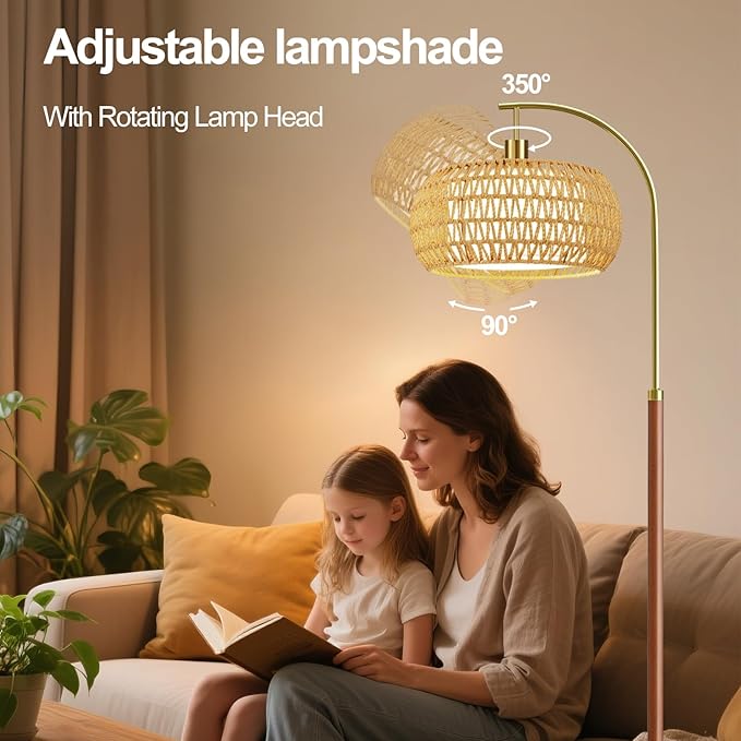 Wood Floor Lamps for Living Room,Boho Floor Lamp with Remote Control & 3 Color Temperatures,Dimmable Mid Century Modern Standing Lamp Vintage Tall Rattan Floor Lamp for Bedroom Corner
