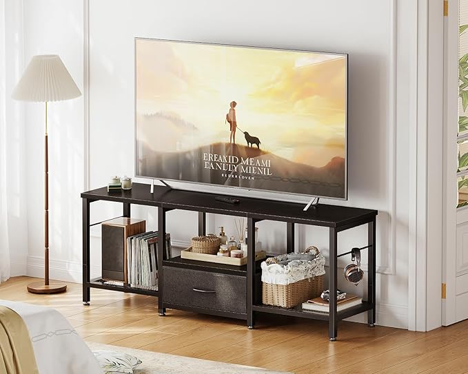 Casaottima 47" TV Stand with Open Storage Shelves for 43, 50 Inch TV, Entertainment Center with Fabric Drawers, TV Console Table with Soundbar Shelf TV Stand for Living Room Bedroom, Pure Black