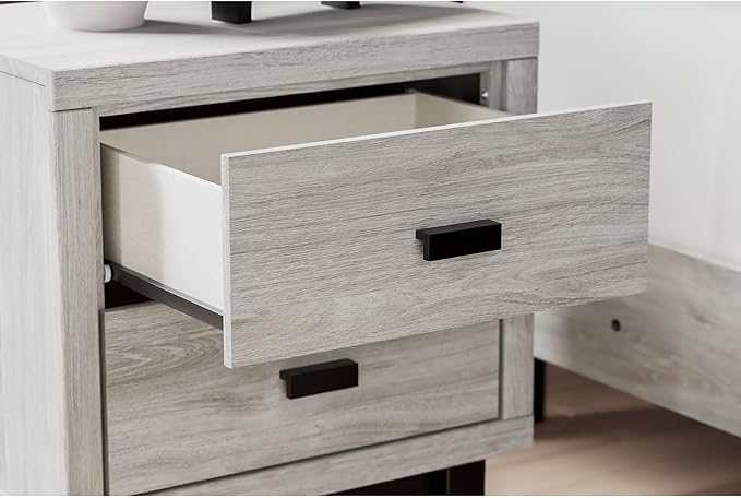 Signature Design by Ashley Vessalli Contemporary 2 Drawer Nightstand with Wireless Charging and USB Ports, 25" Tall, Light Gray & Black
