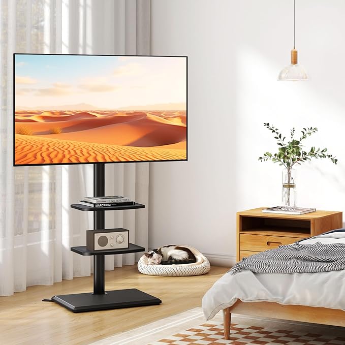 TVON Floor TV Stand with Mount for Most 32-60 Inch Flat/Curved TVs up to 88 lbs, Height Adjustable TV Mount Stand with Wood Base, Swivel TV Stand for Bedroom, Corner & Living Room, Max VESA 400x400mm
