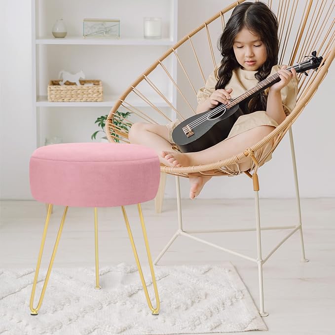 Velvet Soft Modern Vanity Stool -Round Footrest Stool Ottoman Side Table Seat Dressing with Golden Metal Leg and Sponge Filling,Upholstered Foot Rest, for Living Room and Bedroom Pink