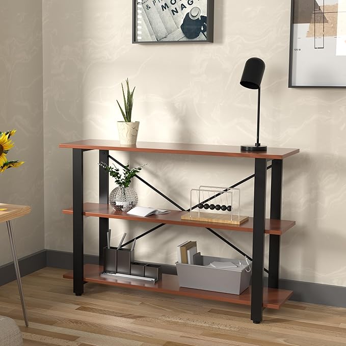 CONSDAN 3-Tier Bookshelf, USA Grown Solid Poplar Hardwood Sofa Table, Display Shelf, Industrial Bookshelf, Narrow Console Table for Entryway, Living Room, Hallway