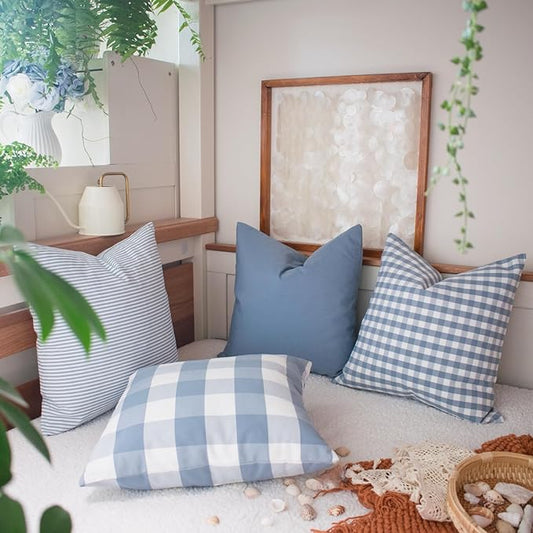 HOPLEE Farmhouse Blue Pillow Cover 24x24 Light Blue Cushion Cover with Buffalo Plaid, Solid Light Blue, Striped and Gingham Plaid Design 24x24 Inches,4 Pack