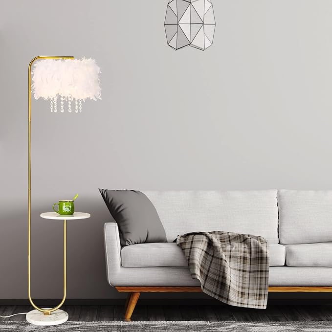 beaysyty Unique Led White Feather Floor Lamp with Tray,Ostrich Feather Stand Lamp,Living Room Bedroom Office Shop Window Decoration Lamp,Foot Switch and Brass/Gold Finish Arc Floor Lamp