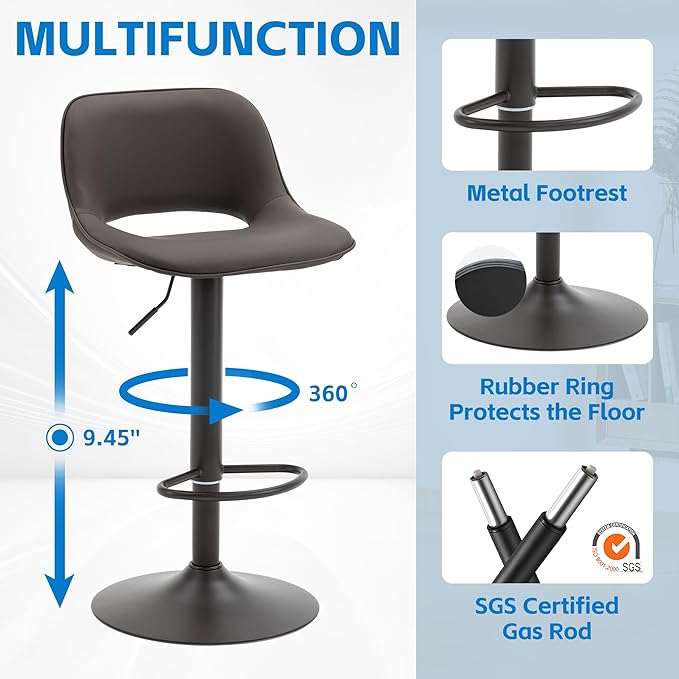 YOUNIKE Bar Stools Set of 2, Heigeht Adjustable Swivel Barstools, Counter Height Bar Stools Faux Leather Upholstered Counter Stools with Hollow Back for Kitchen Island, All Brown