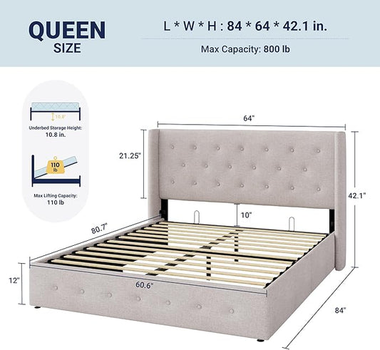 Allewie Queen Size Lift Up Storage Bed, Button Tufted Headboard with Wingback, Hydraulic Support, No Box Spring Needed, Light Beige