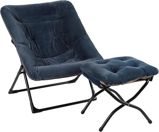 Comfy Saucer Chair for Adults, Soft Faux Fur Bedroom Chair with Ottoman, Accent Dorm Chairs, Living Room Reading Chairs and Footstool, Folding Seat for Teens, X-Large, Navy Blue