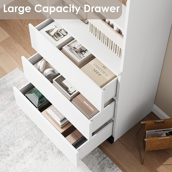 GarveeHome 70 in Bookcase with Drawers, Tall Bookshelf Farmhouse Bookcases Wooden Deep Bookshelves Storage Cabinet Organizer for Living Room, Study, Kitchen, Home Office