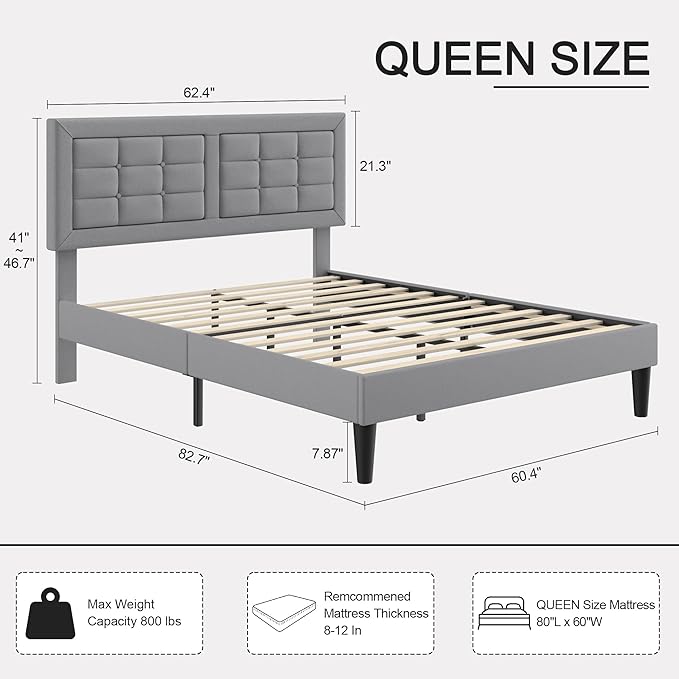 VECELO Queen Size Bed Frame with Adjustable Headboard, Upholstered Button Tufted Platform Bedframe with Wood Slats Support, No Box Spring Needed, Linen & Light Grey