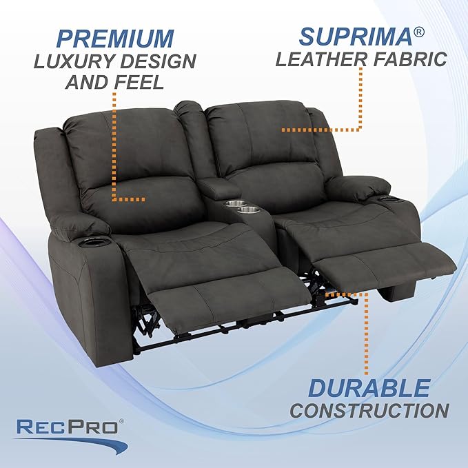 RecPro Charles 64" Powered Recliner RV Sofa with Console and Cupholders | Zero Wall Loveseat for Camper | Wall Hugger Couch with 2023 Updated Fabric (Gunmetal)