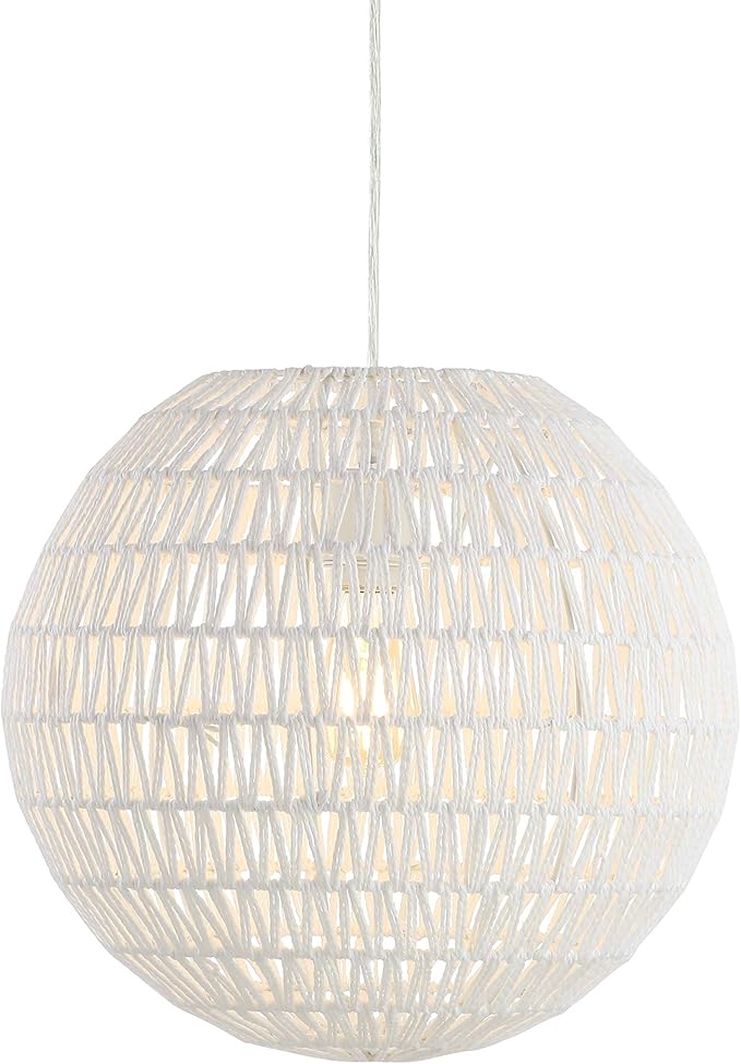 JONATHAN Y 15.7" White Modern Bohemian Woven LED Pendant Light, Adjustable Hanging Ceiling Lamp for Kitchen Island Dining Room, Paper Wicker Shade, Bulb Included JYL6503A