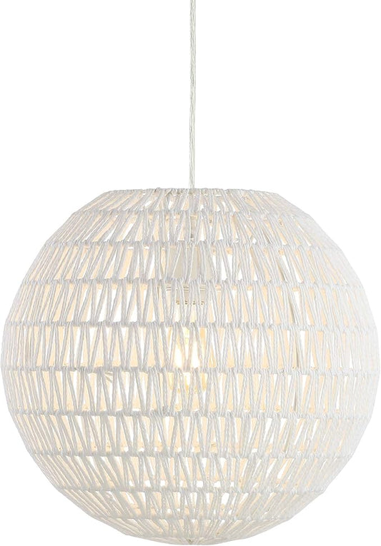 JONATHAN Y 15.7" White Modern Bohemian Woven LED Pendant Light, Adjustable Hanging Ceiling Lamp for Kitchen Island Dining Room, Paper Wicker Shade, Bulb Included JYL6503A