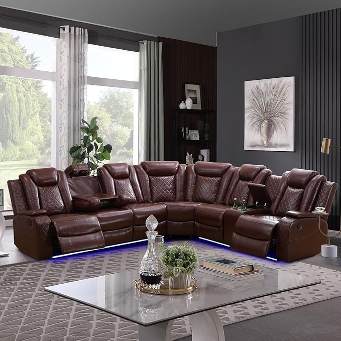 Leather Power Recliner Sectional Sofa with LED Light,L Shaped Leather Couch Set with 2 Recliner Seats，Modular Corner Sofa with Storage Console/Coffee Table for Living Room(Red, Sectional)