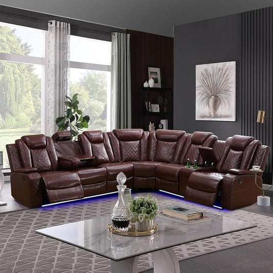 Leather Power Recliner Sectional Sofa with LED Light,L Shaped Leather Couch Set with 2 Recliner Seats，Modular Corner Sofa with Storage Console/Coffee Table for Living Room(Red, Sectional)