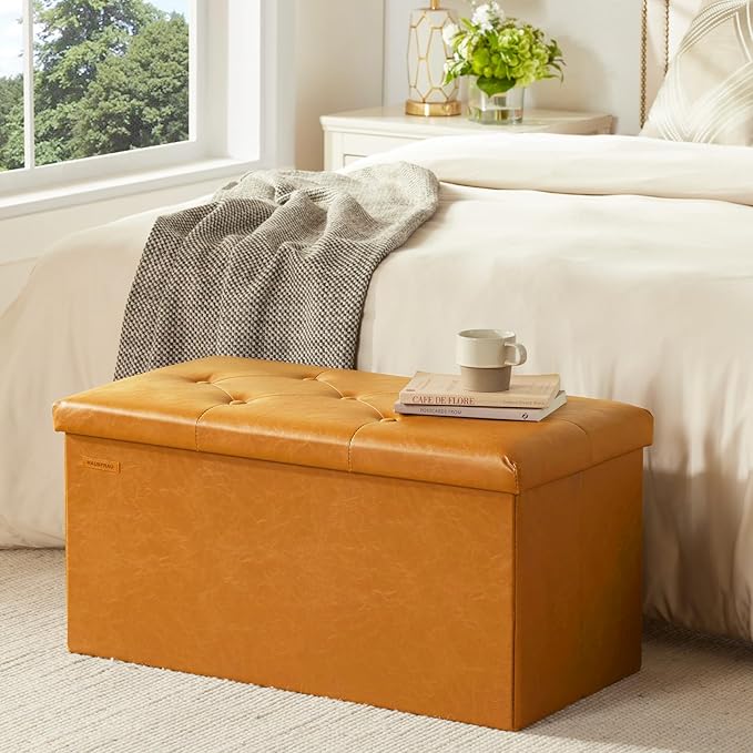 HAUSFRAU - Storage Ottoman Bench, 30 Inches Button Tufted Upholstered Ottoman Footstool with Storage for Living Room Bedroom Entryway, Load 660 lb, Synthetic Leather, Caramel