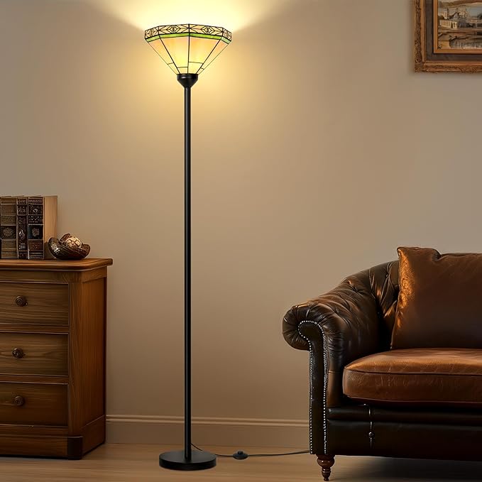 Seaside village Tiffany Floor Lamp, Torchiere Standing Lamp with Stained Glass Shade, Vintage Tall Pole Lamp with Foot Switch, Decorative Corner Light for Living Room Bedroom Home Office(E26 Base)