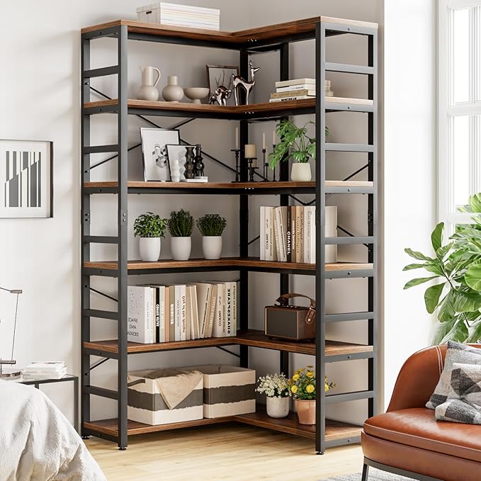 NUMENN 6 Tier Corner Bookshelf, Modern Corner Bookcase, Large Open Shelf Bookcase, Tall Bookshelves Storage Display Rack for Bedroom, Living Room and Home Office, Vintage
