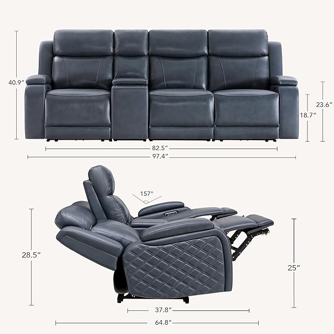 Watson & Whitely Genuine Leather Power Recliner Sofa with Console, 3 Seater Zero Gravity Reclining Sofa with Power Headrest & Flip Middle Backrest Table, Cup Holders for Living Room, Navy Blue