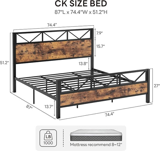 LIKIMIO California King Bed Frame, Tall Industrial Headboard 51.1 ", Platform Bed Frame with Strong Metal Support, Solid and Stable, Noise Free, No Box Spring Needed, Easy Assembly, Vintage Brown