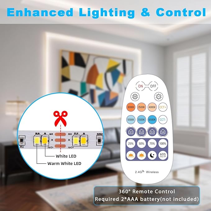 66FT White LED Strip Lights 3000K-6500K, Smart Strip Light Alexa Compatible, 24V WiFi Flexible Tape LED with APP & RF Remote, Cabinet Lighting Self-Adhesive for Room, Kitchen (Tunable White)