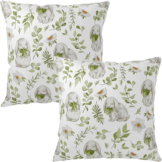 Easter Outdoor Pillow Covers 20x20 Set of 2 Sage Green Bunny Floral Leaf Throw Pillow Covers Spring Rabbit Flower Farmhouse Pillowcase for Home Couch Sofa Decor