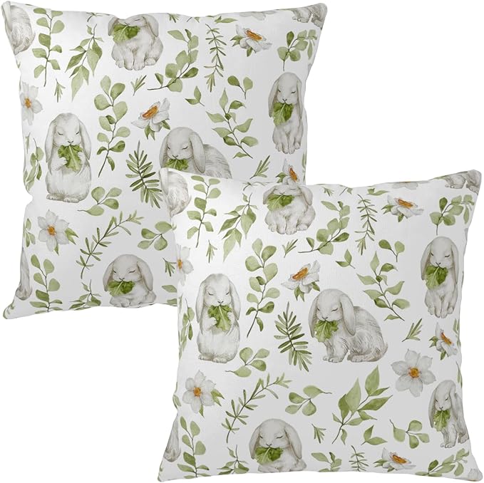 Easter Outdoor Pillow Covers 18x18 Set of 2 Sage Green Bunny Floral Leaf Throw Pillow Covers Spring Rabbit Flower Farmhouse Pillowcase for Home Couch Sofa Decor