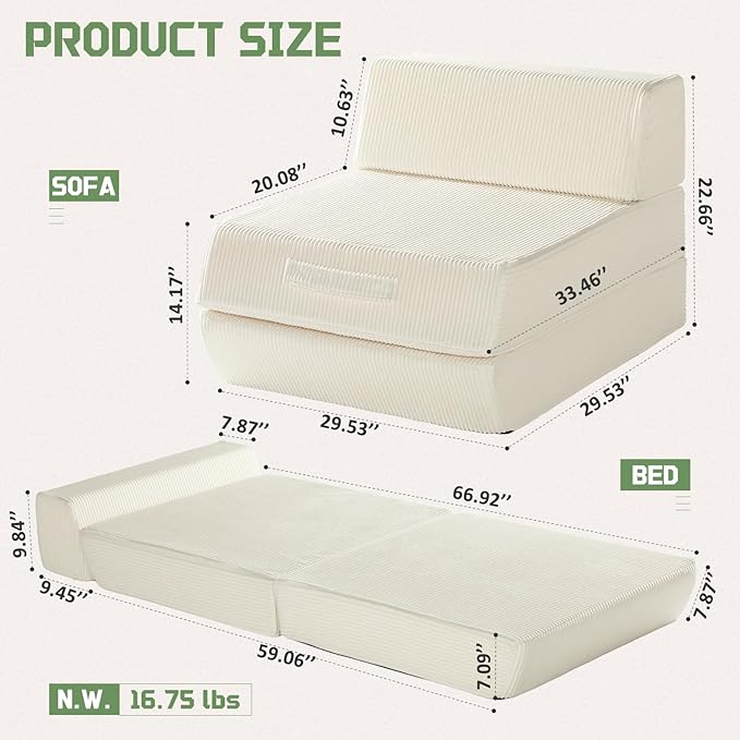 Trenda Folding Sofa Bed, 16lbs Convertible Sleeper Chair with Removable Back Pillow & Handle, Washable Cover Solid Foam Fold Out Chair Bed for Living Room, Apartment, Guest, Single, Beige