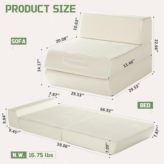 Trenda Folding Sofa Bed, 16lbs Convertible Sleeper Chair with Removable Back Pillow & Handle, Washable Cover Solid Foam Fold Out Chair Bed for Living Room, Apartment, Guest, Single, Beige