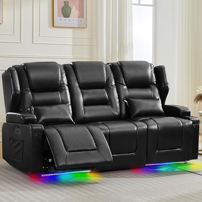 Oprisen 3-Seater Power Recliner Sofa Couch Flip Middle Backrest Reclining Sofa Chair for Living Room with Charging Station/Cup Holders/LED Ambient Light