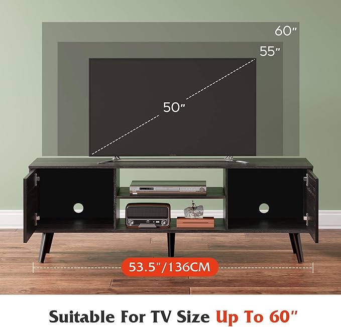 WLIVE Mid-Century Modern TV Stand for 55/60 Inch TV, Entertainment Center with Storage & Adjustable Shelves, Media Console with Soft-Close Cabinets for Living Room/Bedroom, Greige White