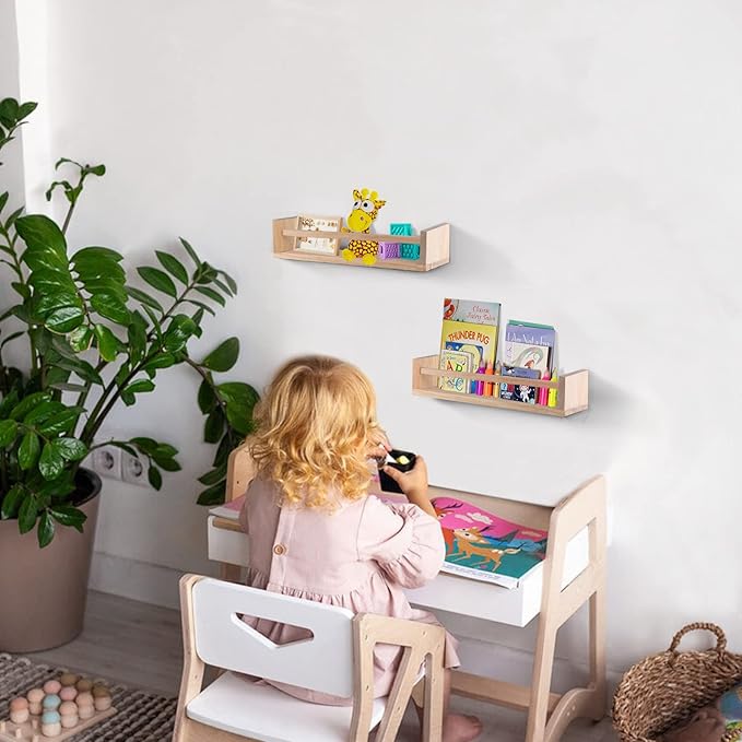 Wooden Floating Bookshelf, Wall Shelving, 2 PCS (Pine), Suitable for Children's Bedroom Bookshelf, Kitchen Spice Rack, Bathroom Decorative Wall Shelving.