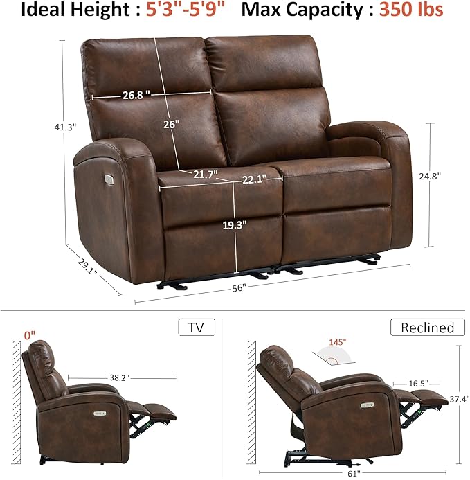 MCombo Zero Wall Recliner Loveseat, 2-Seat Power Wall Hugger Sofa with USB & Type-C Dual Ports, for Small Space, Living Room, RV PR646 (Dark Brown, Loveseat)