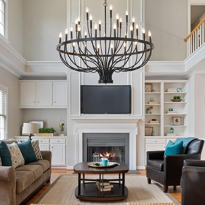 HHR 48-Inch Farmhouse Foyer Chandelier Entryway High Ceiling, 33-Light Candle Chandelier Light Fixtures Modern Black Chandeliers for Dining Room Bedroom Hallway Kitchen Living Room