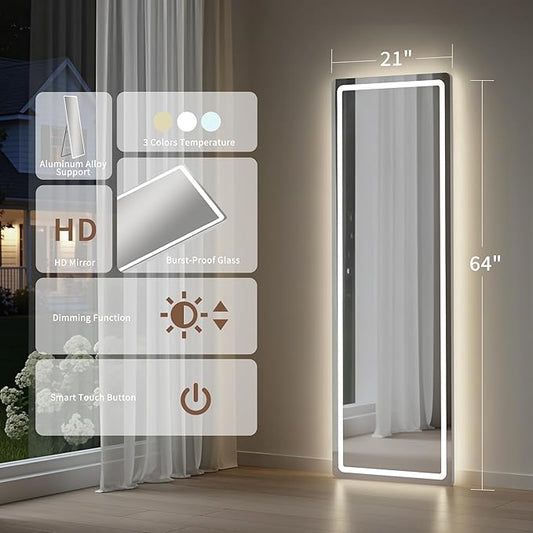 64"x21" Full Length Mirror with LED Lights, Mirrors with Dimming & 3 Color, Full Body Mirrors with Aluminum Alloy Thin Frame for Bedroom, Dressing Room