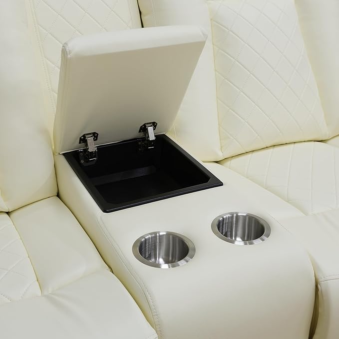 Breathing Leather Power Recliner Sofa Set, 2 Piece Leather Loveseat and Recliner Chair Set, Living Room Furniture Set with Storage Console/LED Lighting (Creamy White, Loveseat+Chair)