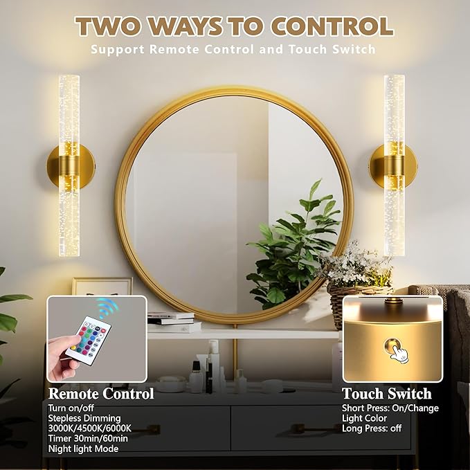 Gold Battery Operated Wall Sconce, 13000mAh Rechargeable Wall Light with Remote Control, 15 Color Dimmable Wireless Wall Lamp for Bedroom Living Room Hallway Party Decor, Crystal Wall Sconce