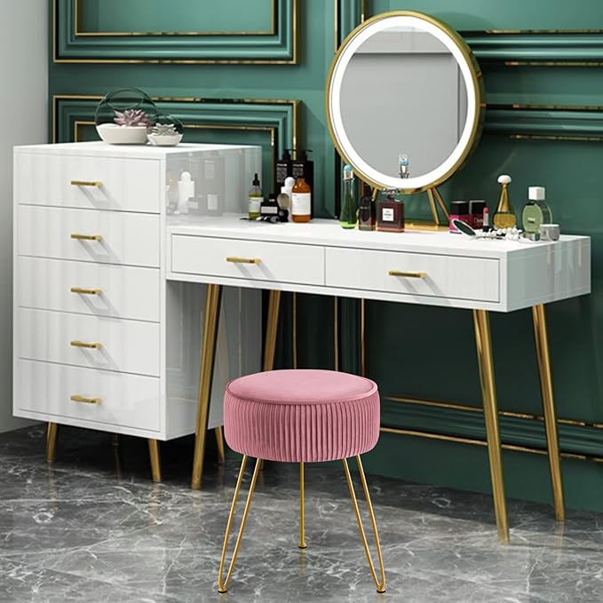 GERANT Multi-Functional Velvet Round Ottoman Footrest with Metal Legs - Modern Offices & Makeup Room Stool, Light Pink